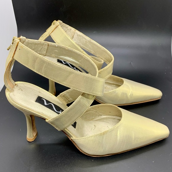 Nina Gold Pumps Heels Metallic Fabric Upper Leather Sole Cross Strap Size 7.5 - Picture 3 of 10